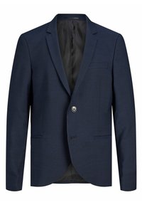Blazer blu navy realizzato in tessuto strutturato, con un singolo bottone, rever a lancia e taschino sul petto. Interno foderato in nero.