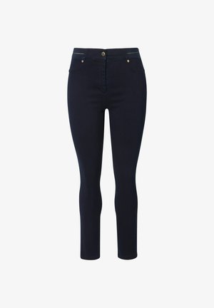 Dunkelblaue Skinny-Jeans aus Denim, mit einem Reißverschluss und Knopfverschluss, fünf Taschen und dezenten Nähten.