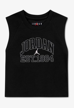 Zwart mouwloos crop top met de tekst "JORDAN EST.1984" en een wit Jumpman-logo gecentreerd onder de tekst op geribbelde stof.