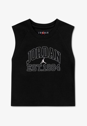 Haut court noir sans manches avec le texte "JORDAN EST.1984" et un logo Jumpman blanc centré en dessous du texte sur un tissu côtelé.