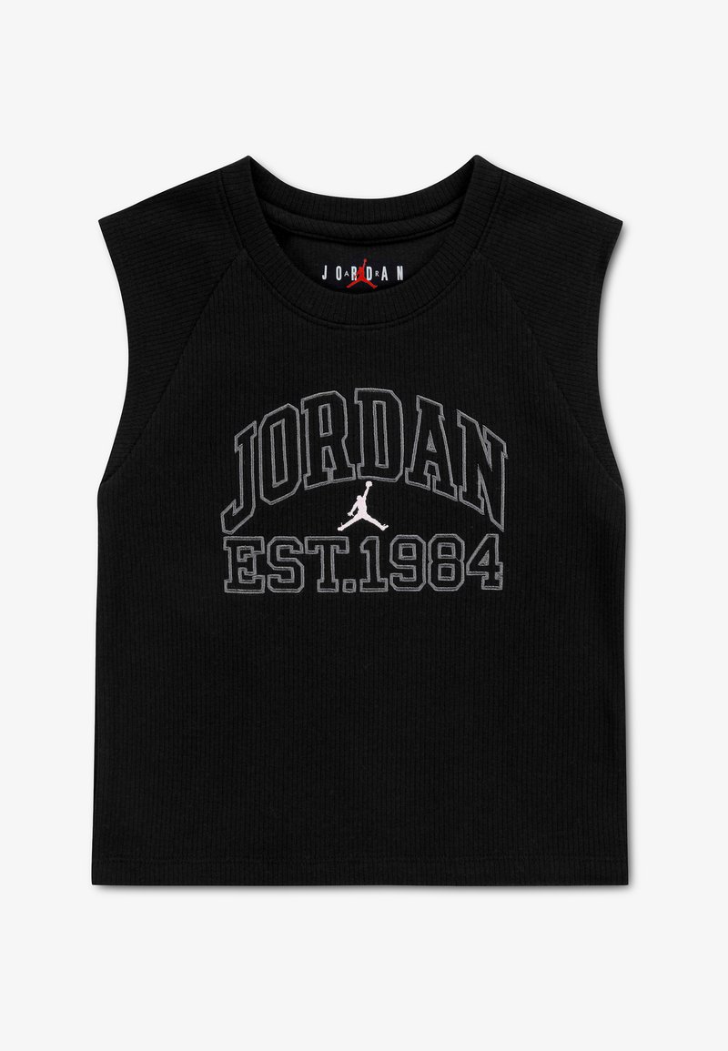 Haut court noir sans manches avec le texte "JORDAN EST.1984" et un logo Jumpman blanc centré en dessous du texte sur un tissu côtelé.