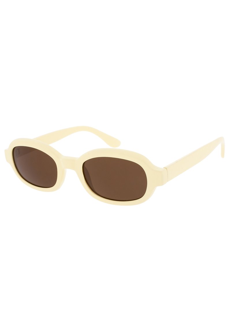 Gafas de sol con un marco de plástico amarillo claro, lentes ovalados y cristal tintado marrón. Cuenta con varillas delgadas y un acabado suave.