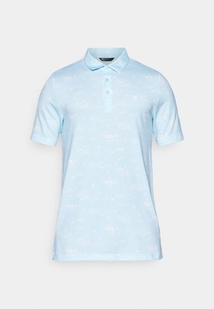 Lys blå kortermet polo skjorte med kragehals, med et subtilt mønster av båter og palmer. Myk stofftekstur.