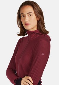 Felpa con zip color marrone bordeaux, realizzata in un tessuto texturizzato, con un design aderente, cappuccio e un logo sulla manica sinistra.