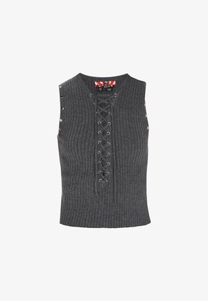 Donkergrijs mouwloos geribd gebreid topje met vetersluiting aan de voorkant en metalen oogjes langs de schouders en halslijn.