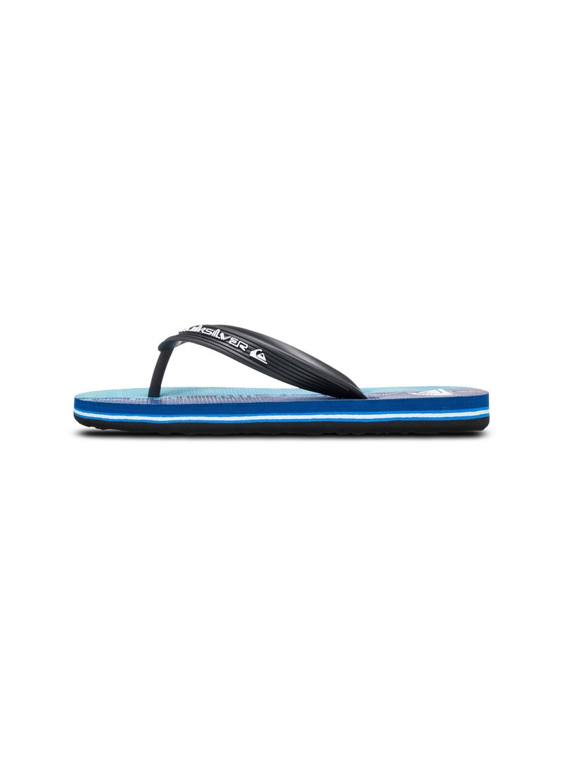 Sort gummiflip-flop med blå tekstureret fodseng og hvid kant. Har en fleksibel rem og en mønstret sål for bedre greb.