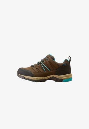 Scarpa da trekking bassa marrone e turchese con chiusura con lacci, suola robusta e collarino imbottito, progettata per uso esterno e durata.