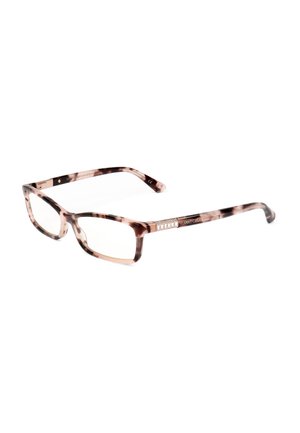 Montatura rettangolare in tartaruga con lenti trasparenti e aste in oro rosa decorate con il logo Jimmy Choo.