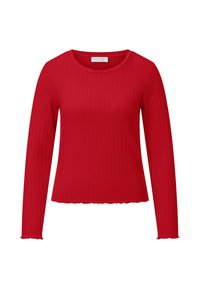 Rød ribbet langærmet top med rund halsudskæring. Designet med en cropped pasform og delikat scalloperet kant. Fremstillet af et blødt, strækbart materiale.