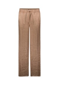 Weit geschnittene Hosen aus strukturiertem, glänzendem Stoff in hellbrauner Farbe, mit einem Kordelzugbund und glatter Oberfläche.