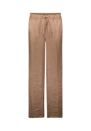 Spodnie o szerokich nogawkach wykonane z teksturowanej, błyszczącej tkaniny w jasnobrązowym kolorze, z elastycznym pasem ze sznurkiem i gładkim wykończeniem.