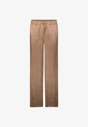 Wijd uitlopende broek gemaakt van een gestructureerde, glanzende stof in een lichtbruine kleur, met een trekkoord in de tailleband en een gladde afwerking.