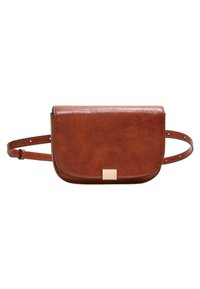 Brązowa torba typu crossbody z faux skóry, z klapą, prostokątna, z akcentami w złotym kolorze i regulowanym paskiem.