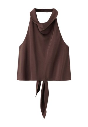Top marron sans manches avec col montant et liens à nouer qui pendent dans le dos, en tissu lisse.