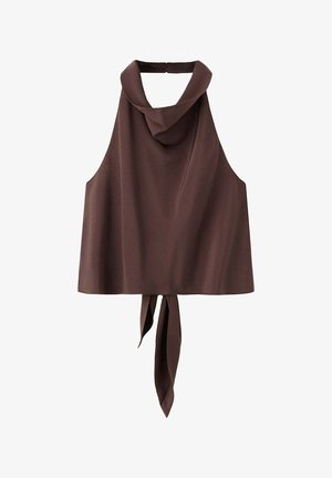 Top marron sans manches avec col montant et liens à nouer qui pendent dans le dos, en tissu lisse.