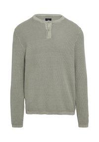 Lichtgroene henley trui met een textuur gebreid, lange mouwen, twee-knoopsluiting en ribgebreide kraag en manchetten. Casual ontwerp.