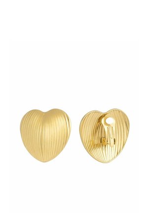 Pair of gold-tone heart-shaped clip-on earrings with a ridged texture, shown front and back views on a white background.