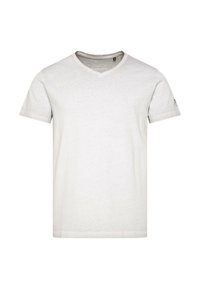 Helles graues kurzärmliges V-Neck T-Shirt aus weicher Baumwolle. Es hat ein einfaches Design mit minimalem Branding auf dem Ärmel.