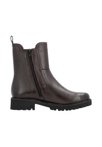 Brown leather ankle boots with a side zipper, rounded toe, and a textured black rubber sole. Cutout detail at the collar.