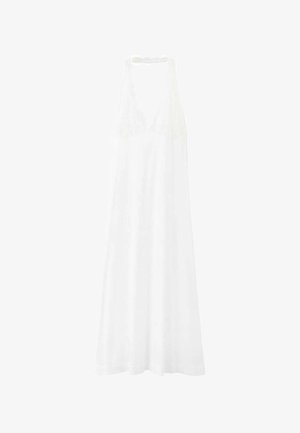 Long white sleeveless dress with lace trim and deep V-neck, designed for a loose, flowing fit.