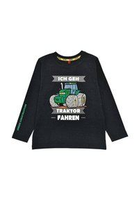 Schwarzes Langarm-T-Shirt mit mehrfarbigen Sprenkeln. Auf der Vorderseite befindet sich ein Grafik eines grünen Traktors und der deutsche Text "ICH GEH TRAKTOR FAHREN."