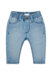 Lichtblauwe denim broek met een elastische tailleband, voorzien van zakken en een bruine knoopdetails. Gladde textuur met zachte naden.