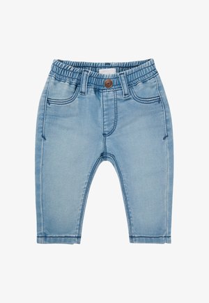 Lichtblauwe denim broek met een elastische tailleband, voorzien van zakken en een bruine knoopdetails. Gladde textuur met zachte naden.
