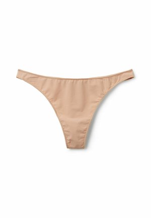 Helle beige Tangas aus glattem Stoff mit dünnen Trägern und minimaler Bedeckung, ausgestattet mit dezenten Nähten und ohne sichtbare Beschläge.