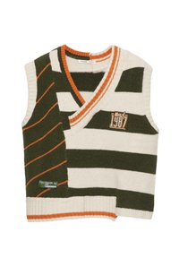 Ärmelloser Strickpullover in Creme und olivgrün mit vertikalen und horizontalen Streifen, orangen Akzenten und einem "1987"-Patsch.