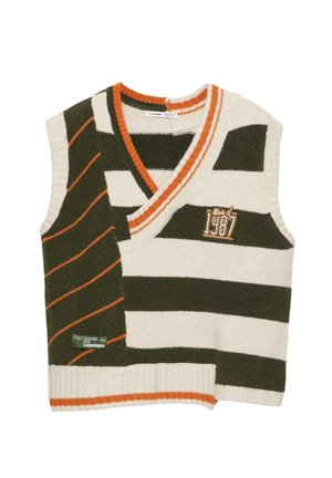 Strikket ærmeløs sweater i creme og olivengrøn, med lodrette og vandrette striber, orange accenter og et "1987" patch.