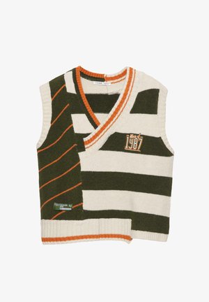 Pletená bezrukávová svetr v krémové a olivově zelené, s vertikálními a horizontálními pruhy, oranžovými akcenty a nášivkou "1987".