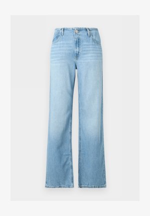 Ανοιχτό μπλε τζιν παντελόνι με φαρδιά μπατζάκια, κουμπί εμπρός και φερμουάρ, θηλιές για ζώνη και σχεδιασμό με πέντε τσέπες.