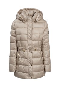 Giacca trapuntata beige con cappuccio, cuciture orizzontali, minuteria dorata, tasche laterali con zip e cordoncini regolabili in vita.
