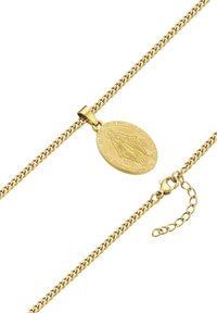 Zlatna lanac ogrlica s ovalnim medaljonom na kojem je ugravirana religijska slika i fraza oko rubova. Teksturiran dizajn lanca.