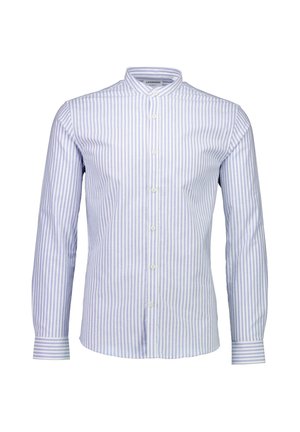 Gestreept overhemd met knopen in lichtblauw en wit katoen. Staande kraag en lange mouwen met knopenmanchetten. Vertikale strepen overal.
