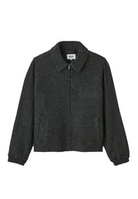 Veste en mélange de laine grise avec fermeture éclair à l'avant, col, poches latérales et poignets élastiques. Présente une coupe décontractée et un design minimaliste.