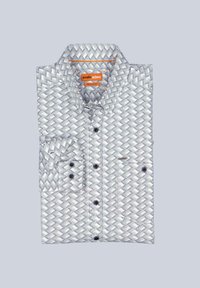 Hemd mit Knopfleiste in einem strukturierten Muster, das Grau- und Weißtöne kombiniert, mit Brusttasche und orangefarbenem Etikett. Reguläre Passform.