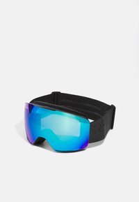 Skibril met een groot, gebogen, reflecterend blauw en paars glas, zwart frame en een verstelbare, textuurriem voor een veilige pasvorm.