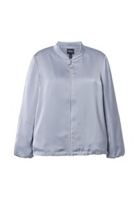 Lichtgrijs satijnen bomberjack met een ronde kraag, volledige ritssluiting aan de voorkant, ringenrits en lange opgeblazen mouwen.