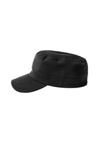 Black fabric hat with a flat, wide brim and a structured top. Features a smooth texture and a simple, unembellished design.