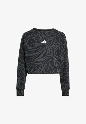 Felpa nera accorciata con un motivo animalier grigio testurizzato. Presenta maniche lunghe e un logo bianco sul retro. Tessuto morbido.