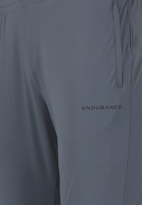 Graue Sporthose aus leichtem Material. Verfügt über eine Seitentasche und ein in Schwarz aufgedrucktes "ENDURANCE"-Logo. Glatte Textur.
