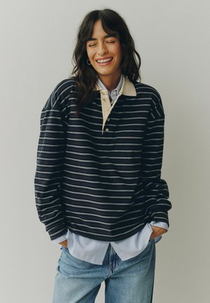 Next, VELOUR STRIPED RUGBY TOP - Polo shirt - navy blue