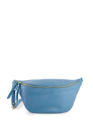 Blaues Leder-Hip-Bag mit geschwungener Form, goldfarbener Reißverschluss und abnehmbarem Gurt. Verfügt über eine strukturierte Oberfläche für zusätzliche Details.