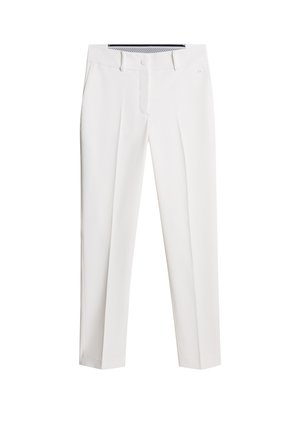 White trousers made of smooth fabric, featuring a straight-leg design, front pockets, and a button closure with subtle pleats.