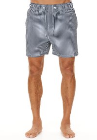 Streifenbadehose in Marineblau und Weiß mit elastischem Bund und Zugband, ausgestattet mit einer Fronttasche und lockerem Schnitt.