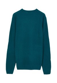 Maglione lavorato a maglia color teal con motivo testurizzato, polsini a coste e scollo a girocollo. Caratterizzato da una vestibilità regolare e maniche lunghe.