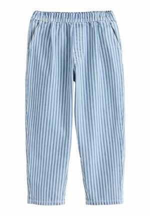 Voľné nohavice s vertikálnymi pásmi svetlomodrej a bielej farby, s elastickým pásom a vreckami po stranách.