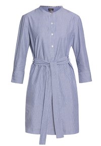 Modro-bílé pruhované košilové šaty s dlouhými rukávy, mandarínkovým límcem, předními knoflíky a zavázaným páskem v pase. Hladká textilie.