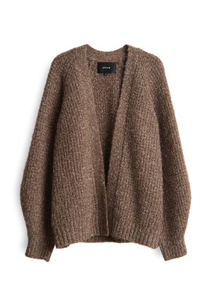 Cardigan marrone, lavorato a maglia con una vestibilità ampia e design con apertura frontale. Presenta maniche lunghe e orlo a coste. Materiale morbido e peloso.